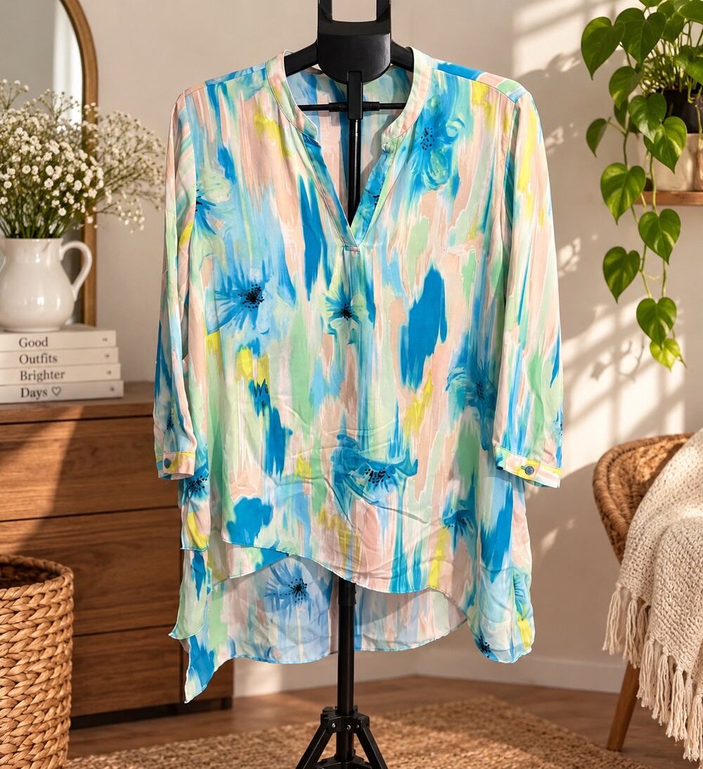 Zac & Rachel Women XL Floral Watercolor Tunic Blouse Asymmetrical Hem 3/4 Sleeve